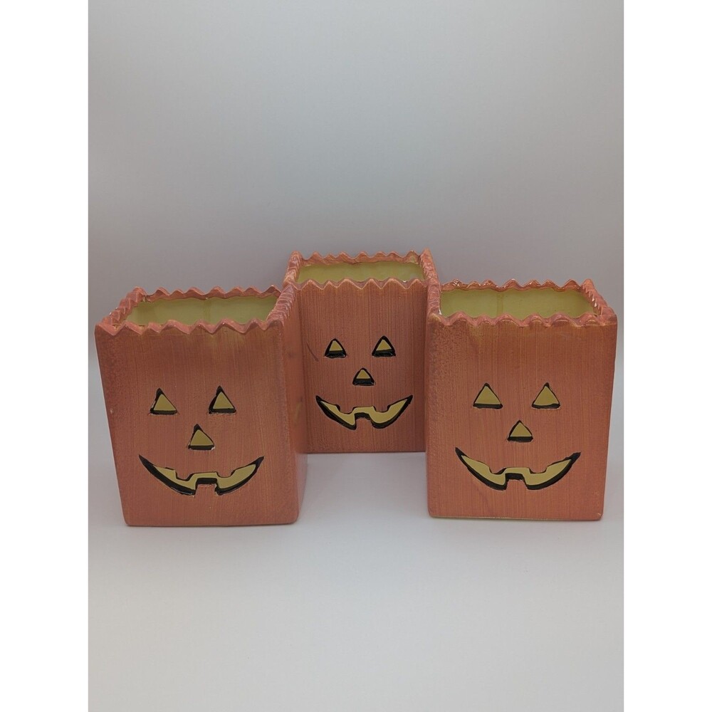 Vintage Ceramic Jack O Lantern Paper Bag Luminary Set 3 Halloween Candle Holder